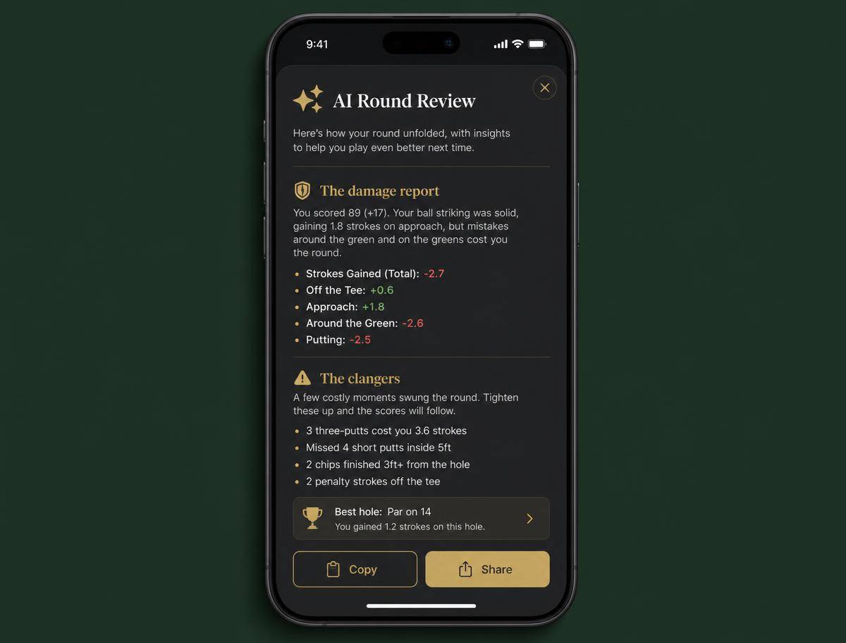 Example Fourball AI round review on a phone, listing the round's mistakes and practice priorities